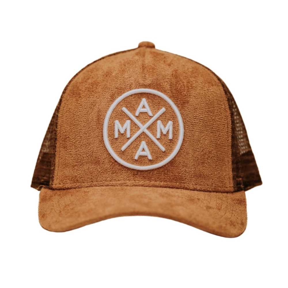 The Mama X™ Trucker Hat - Brown Suede by Mama X™ Brand is the perfect addition to your fall outfit. This hat features a brown suede canvas front with a mesh back, and is adorned with an embroidered Mama X™ logo where the letters "M" and "A" intersect in an X pattern.