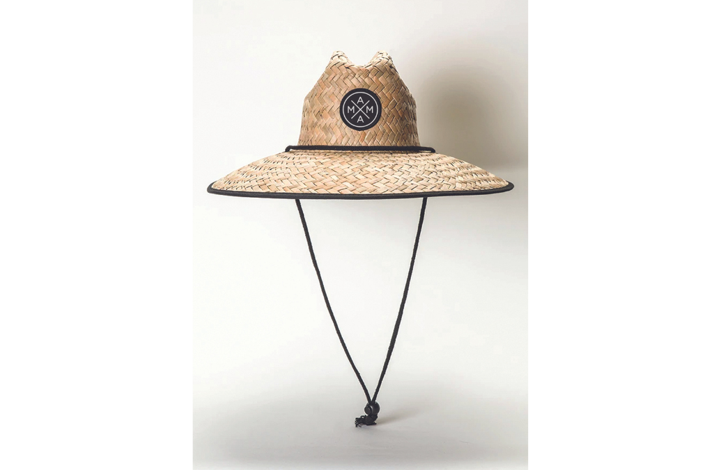 The Mama X™ Lifeguard Hat by Mama X™ Brand is a wide-brimmed straw hat adorned with a black circular logo on the front, showcasing geometric designs. This hat provides full-coverage sun protection and features a black chin strap secured with an adjustable toggle, along with black trimming around the brim. The background is plain white.