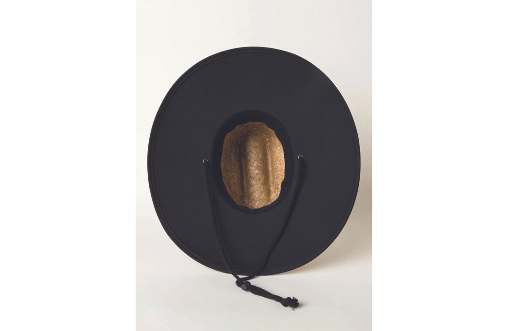 The image showcases a Mama X™ Lifeguard Hat by Mama X™ Brand, featuring a black wide brim for full-coverage sun protection. From a top view, the inside of the hat reveals a brownish lining. Positioned on a neutral white background, this stylish accessory also includes a convenient chin strap.