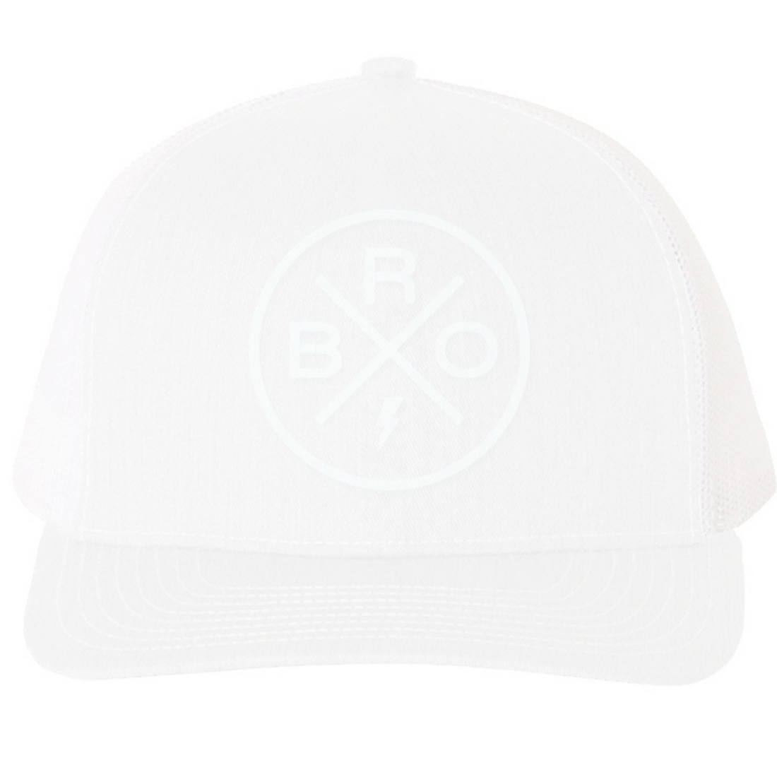 The Mama X™ Brand Bro X Whiteout Premium Trucker Hat is a stylish white cap featuring a 3D stitched logo on the front, which displays the letters "R", "B", and "O" arranged around intersecting lines with a lightning bolt at the bottom intersection, offering both style and sun protection.