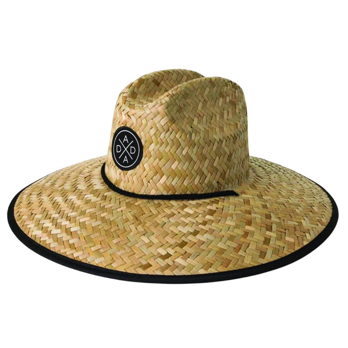 The Mama X™ Brand Dada X™ Lifeguard Hat is a stylish straw accessory featuring a wide brim with a black edge that provides excellent sun protection. It boasts a black band adorned with a circular logo displaying the letters "ADDA" in white. The intricately interlaced straw pattern gives it a textured appearance.