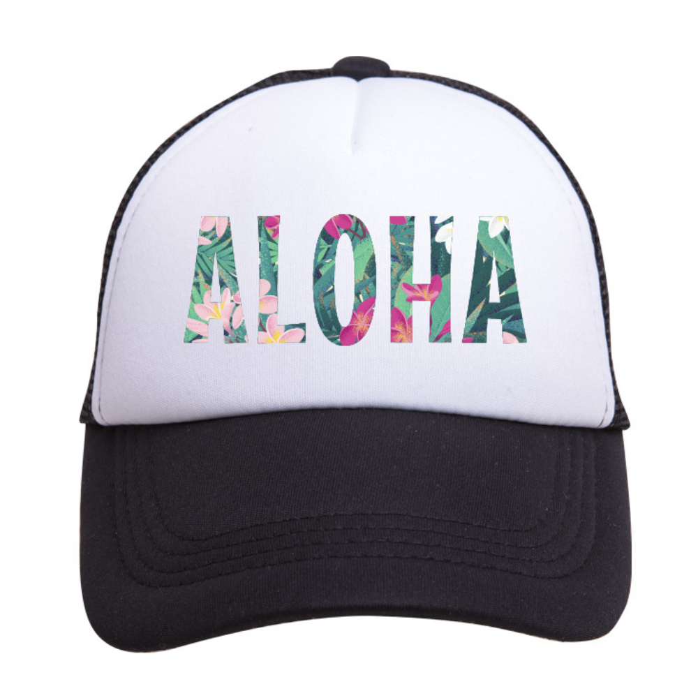 A white and black baseball cap with the word "ALOHA" written in floral print on the front.