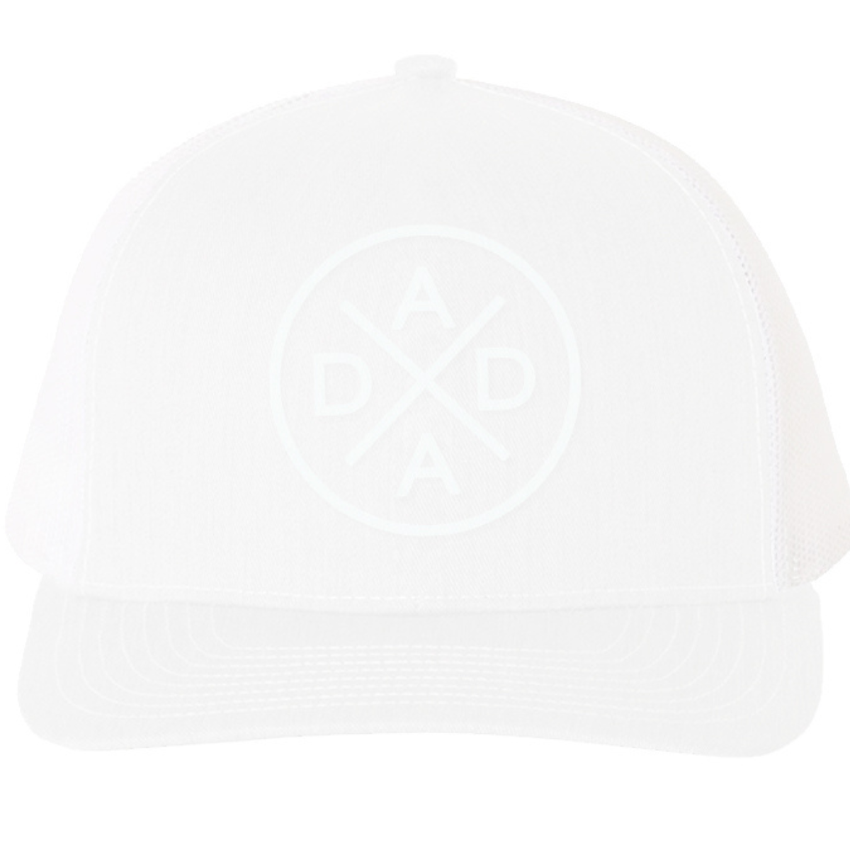 Introducing the Dada X™ Whiteout Premium Trucker Hat by Mama X™ Brand, featuring a versatile white design with a slightly curved bill and mesh back. The front showcases an embroidered, three-dimensional circular Dada X logo that subtly integrates the letters 