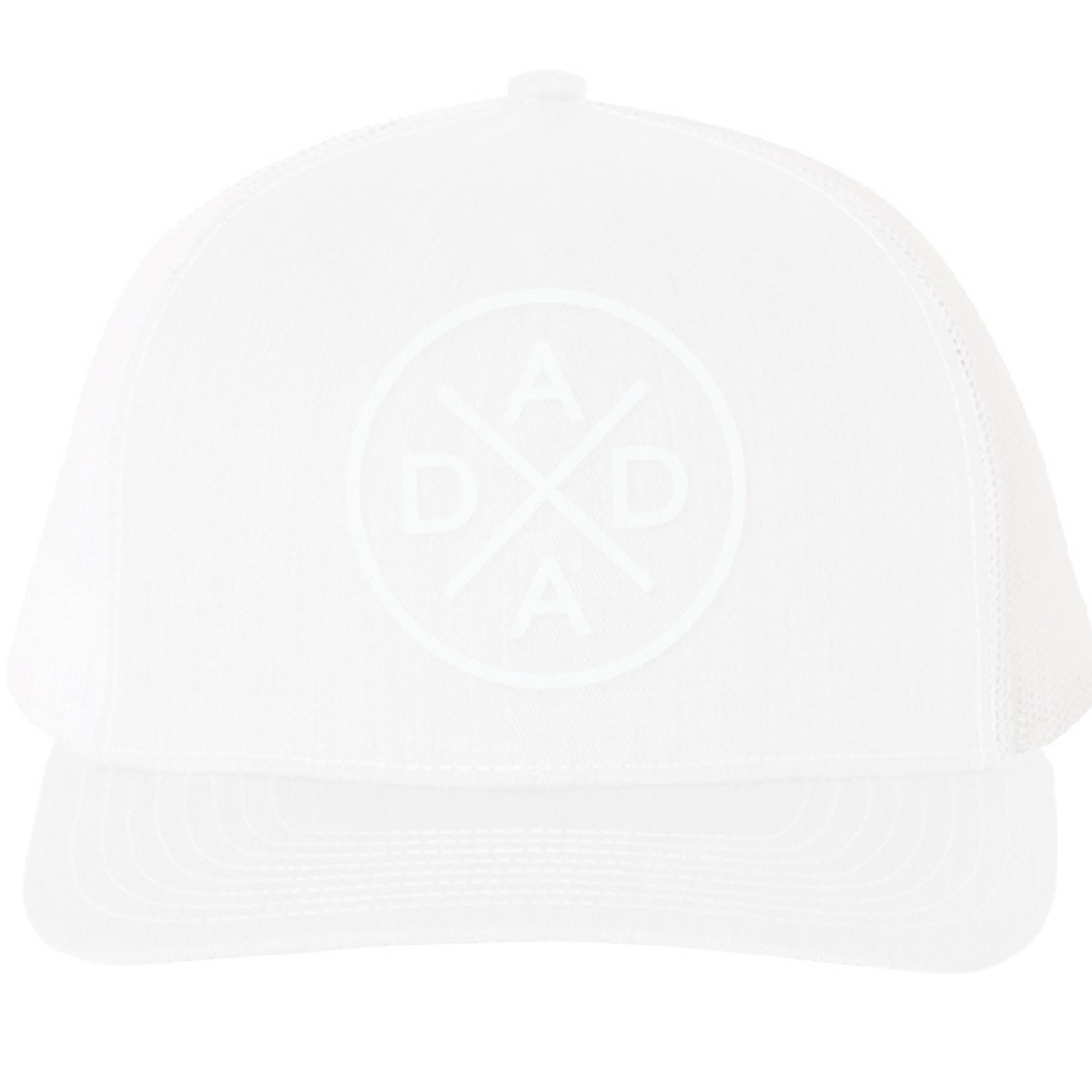 Introducing the Dada X™ Whiteout Premium Trucker Hat by Mama X™ Brand, featuring a versatile white design with a slightly curved bill and mesh back. The front showcases an embroidered, three-dimensional circular Dada X logo that subtly integrates the letters "A," "D," "A," and "D" with intersecting diagonal lines, blending harmoniously with the fabric color.