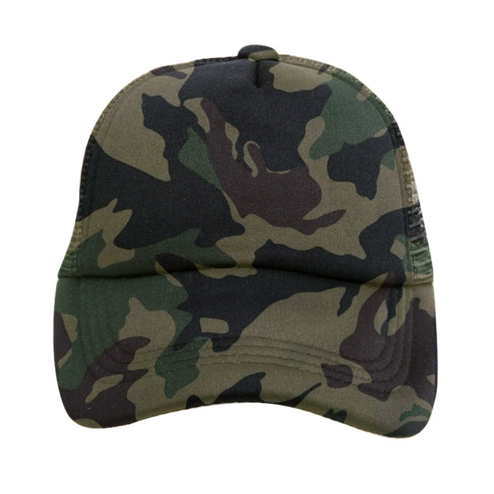 The Camo Trucker Hat by Mama X™ Brand features a bold, irregular army-style design in various shades of green, brown, and black on the camo canvas front section. The sides and back are crafted from breathable nylon mesh for added comfort.