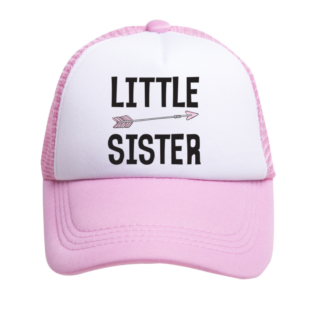 The Little Sister Trucker Hat by Mama X™ Brand is a light pink hat featuring the words "LITTLE SISTER" printed in black on the front panel, with a small arrow design between "LITTLE" and "SISTER." Perfect as a gender reveal accessory, this charming hat adds a delightful touch to any announcement.