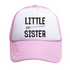 The Little Sister Trucker Hat by Mama X™ Brand is a light pink hat featuring the words "LITTLE SISTER" printed in black on the front panel, with a small arrow design between "LITTLE" and "SISTER." Perfect as a gender reveal accessory, this charming hat adds a delightful touch to any announcement.
