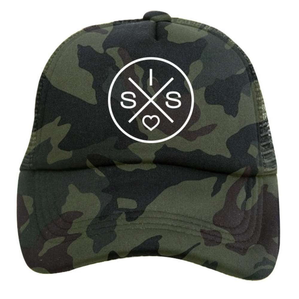 The Sis X Trucker Hat by Mama X™ Brand features a green camouflage design with a prominent SIS X logo on the front panel. The unique logo showcases two intersecting lines forming an 