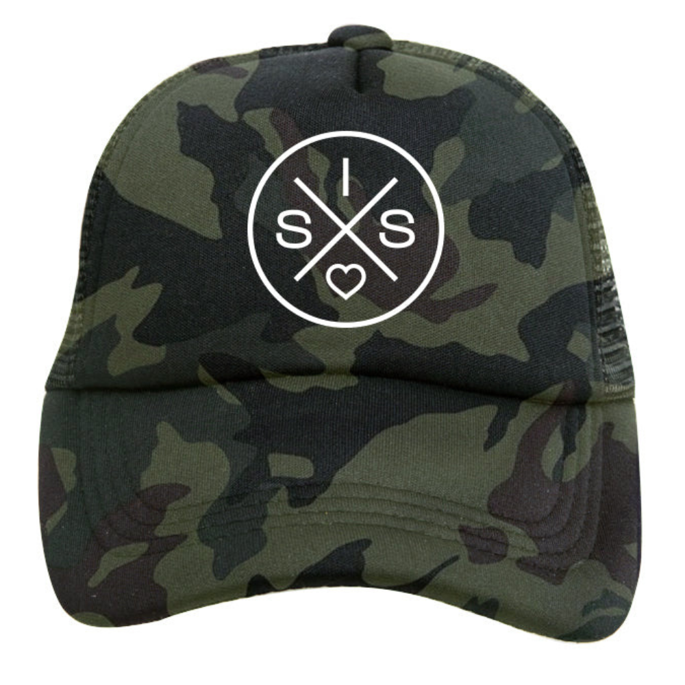 The Sis X Trucker Hat by Mama X™ Brand features a green camouflage design with a prominent SIS X logo on the front panel. The unique logo showcases two intersecting lines forming an "X," with the letters "S" and "H" at the top and bottom, and a heart symbol in the lower right quadrant. Crafted from durable Polyester/Nylon Mesh.