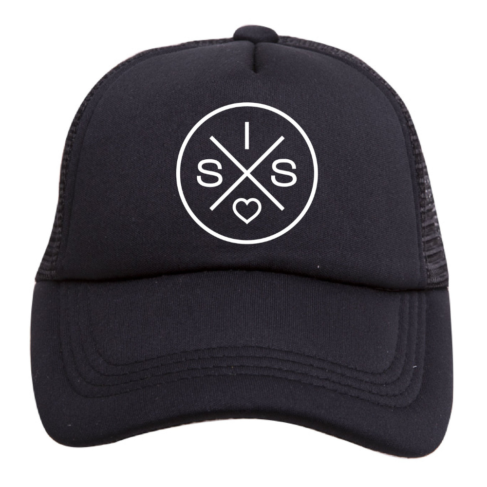 The Sis X Trucker Hat by Mama X™ Brand features a black 5-panel cap adorned with a white logo on the front. The logo includes two intersecting lines forming an 